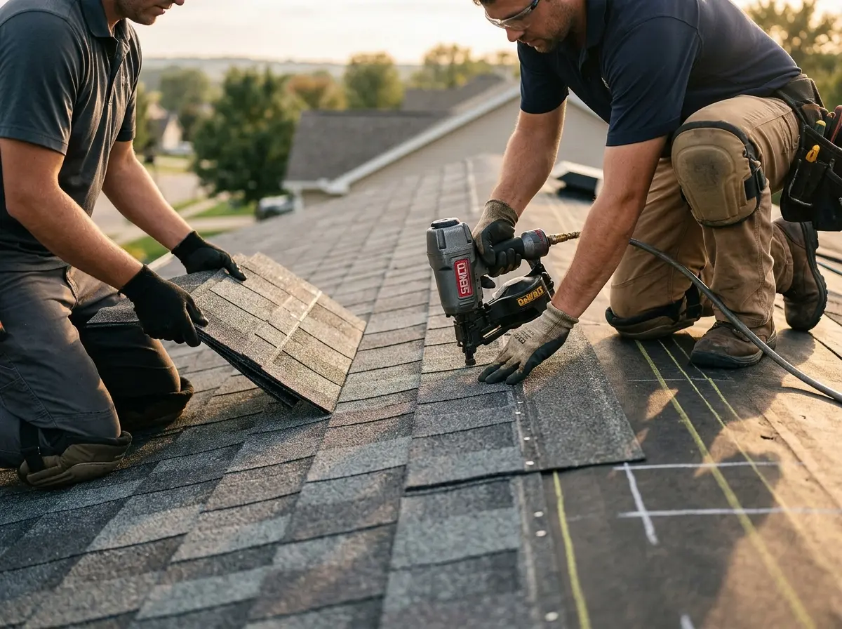 Professional roofer working on a residential roof in Kirksville